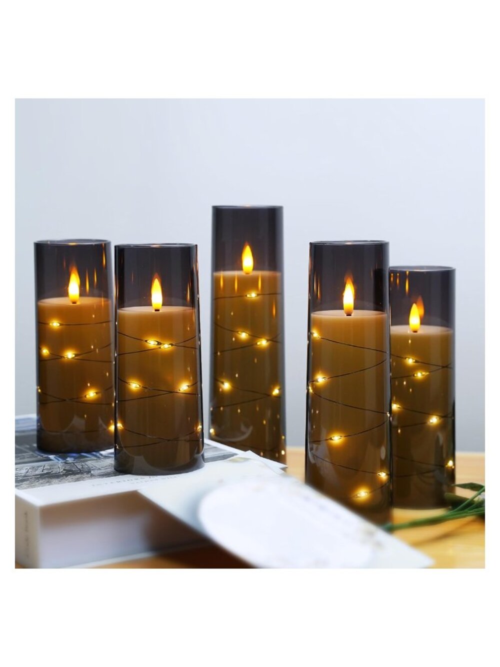 Flameless LED Candles Set 5 Flickering Timer Acrylic Shell Embedded String - Picture 4 of 5